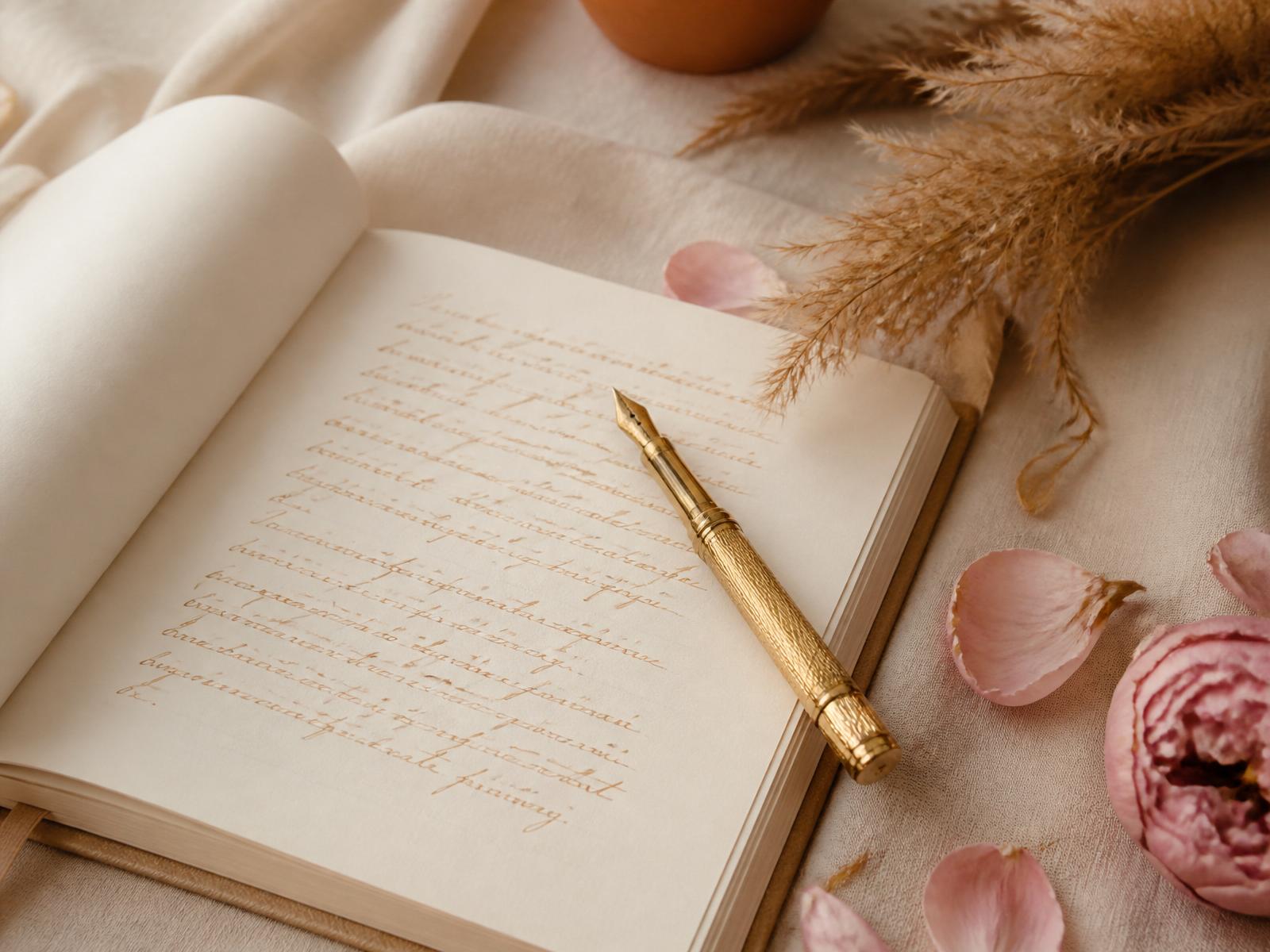 Caderno aberto com escrita à mão, caneta dourada e pétalas de rosa